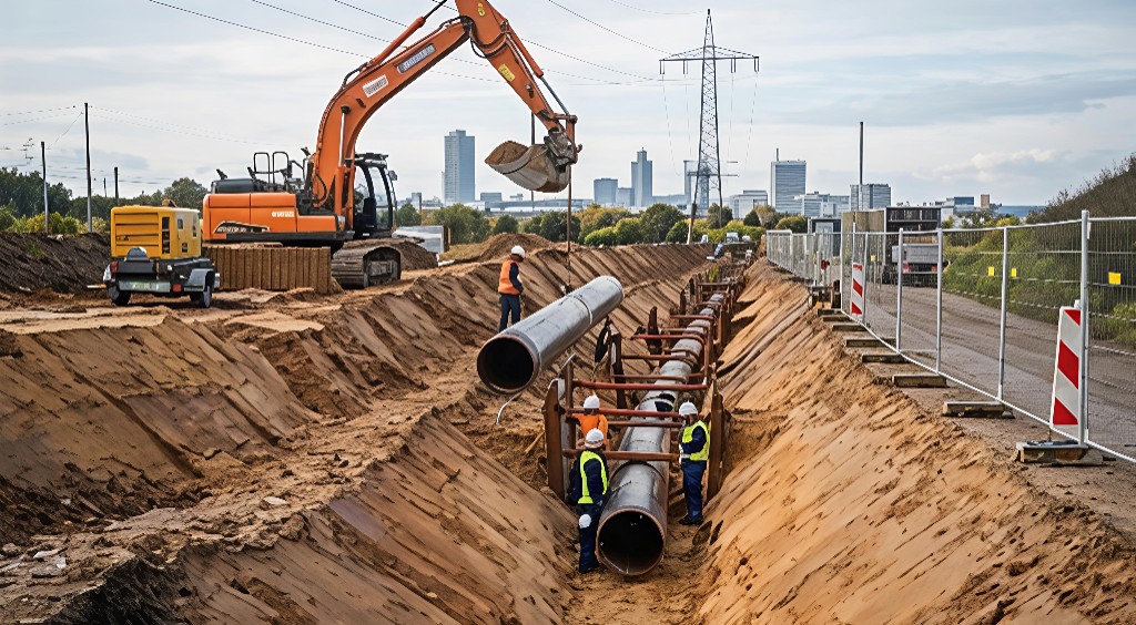 Rohrverlegung im Graben mit Baumaschinen